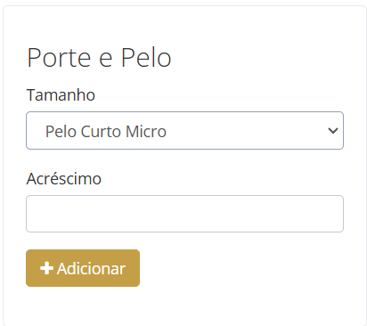 Opção onde exibie o comprimento do pelo e o porte do Pet